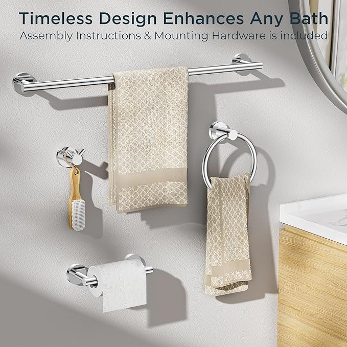 FORIOUS Bathroom Hardware Accessories Set, SUS304 Stainless Steel Towel Bar Set, Modern Towel Racks Holder for Bathroom, Toilet Paper Holder Wall Mounted 4 Pieces(18" Bar, Chrome)