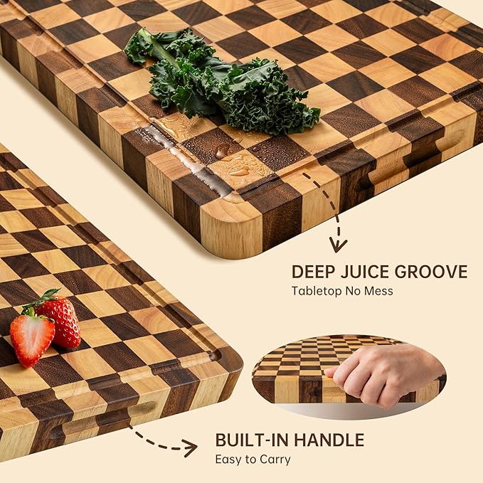 Wooden Cutting Boards for Kitchen, 1.2" Checkered Cutting Board | 17" x 12" Walnut Chopping Board with Juice Grooves & Handles, Double-sided Butcher Block for Prep & Serving with Gift Box