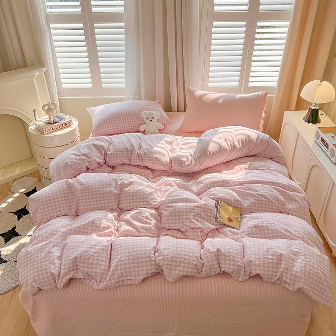 mixinni Light Pink Gingham Duvet Cover Set Full Size - 100% Washed Cotton 3 Piece Plaid Checkered Bedding Set, Soft Comfy Grid Farmhouse Comforter Cover with Zipper Closure & Corner Ties