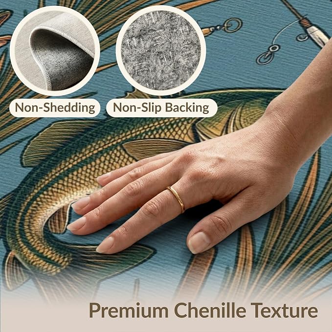 3'x5' Washable Area Rug Bass Lake Lure Tackle Reeds Border Motif Angler Fish Fishing Refined Structured for Home Office, Hallway, Laundry Room, Non-Slip Chair-Friendly