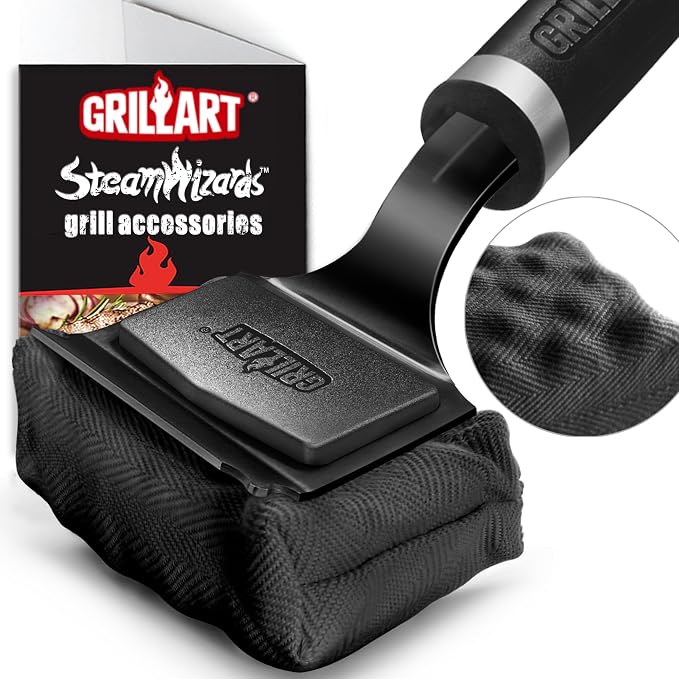 GRILLART Grill Brush Bristle Free - Safe 17" Long Handle with Built-In Solid Scraper - Steam Clean Stubborn Grease Replaceable Head - Reinforced BBQ Accessories for All Grate Types - Gifts for Men Dad