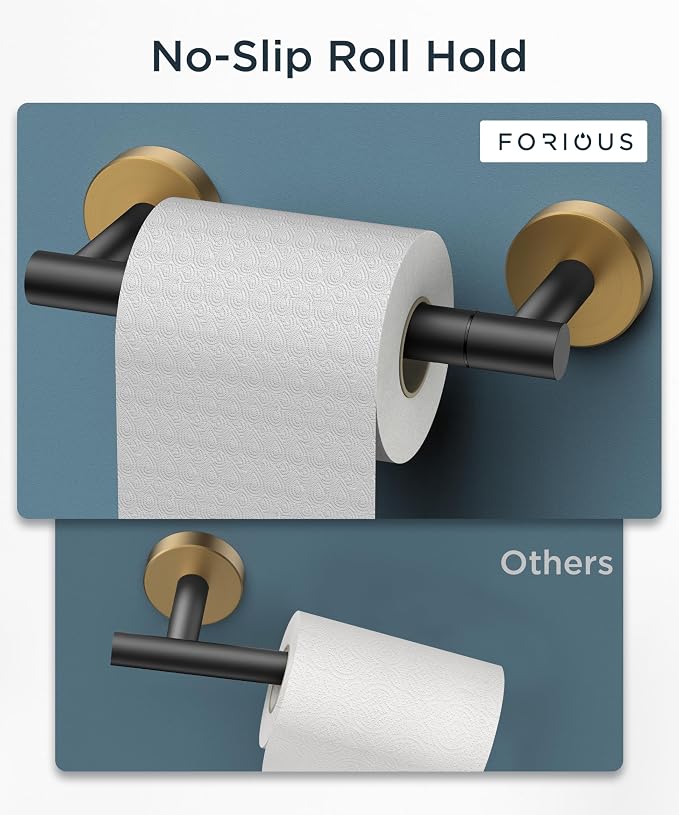 FORIOUS Toilet Paper Holder Wall Mount, Stainless Steel Rustproof Double Post Pivoting Tissue Roll Holder for Bathroom, Commercial Toilet Paper Dispenser, Matte Black & Brushed Gold