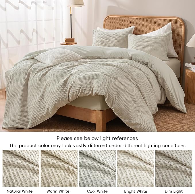 PHF Waffle Weave Duvet Cover Set Queen Size, No Snagging Ultra Soft Luxury Textured Breathable Comforter Cover for All Season 3pcs, Durable Bedding Duvet Set with 2 Pillow Shams, 90"x90", Linen