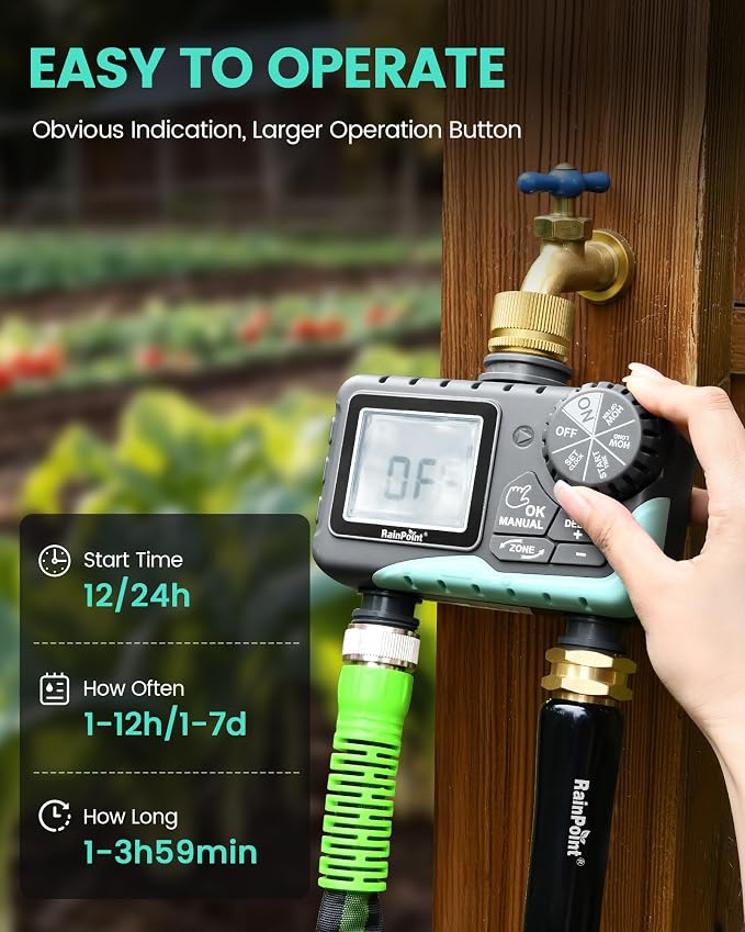 RAINPOINT Sprinkler Timer 2 Outlet, Water Timer for Garden Hose, Programmable Drip Irrigation for Yard Outdoor Watering, Rain Delay/Manual/Automatic (Brass, 1 pcs)