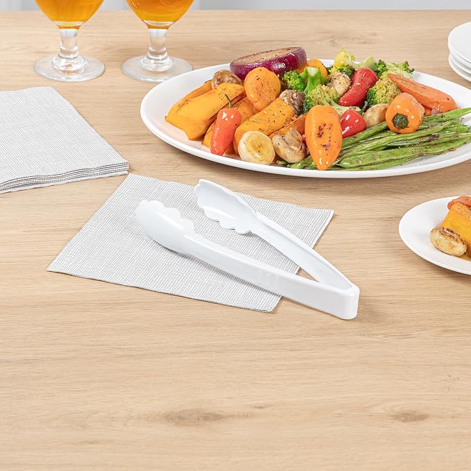 Restaurantware Disposable Serving Tongs 100 Count 9 Inch Plastic Scalloped Buffet Utensils Durable Secure-Grip White