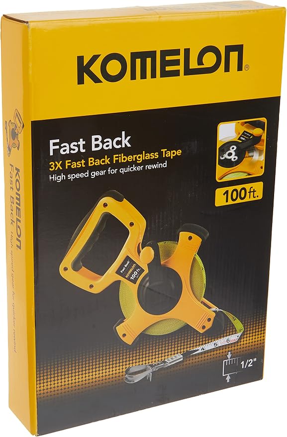 Komelon 8811 Fast Back Open Reel Long Tape Measure with Double Nylon Coated Fiberglass Blade 100-Feet by 1/2-Inch, Yellow,White