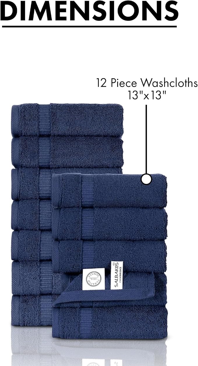 SALBAKOS 12-Piece 100% Turkish Cotton Washcloths and Face Towels, Navy | 13x13 in Standard Size Small Towel, Multi-use Bathroom & Kitchen, Thick Super Soft Absorbent Durable, Oeko-Tex Made in Turkey