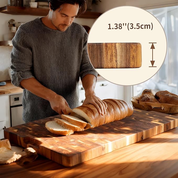 Utoplike Large Acacia Cutting Board 22 x 16 in, End Grain Chopping Boards | Wooden Butcher Block with Handle, Single-side Juice Groove for Turkey, Meat, Vegetables, 1.38"Th