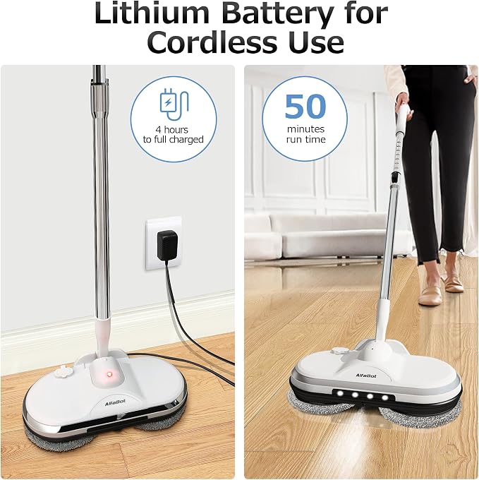 Cordless Electric Mop, WS24 Cordless Spin Mop for Floor Cleaning, Lightweight & Rechargeable Floor Cleaner with Water Sprayer and LED Headlight for Hardwood and Tile Floors, White