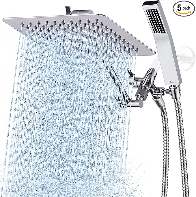 G-Promise All Metal 10" Dual Square Shower Head Combo | Rain Shower Head | Handheld Shower Wand | Adjustable | Smooth 3-Way Diverter | 71" Extra Long Hose - A Bathroom Upgrade (Chrome)