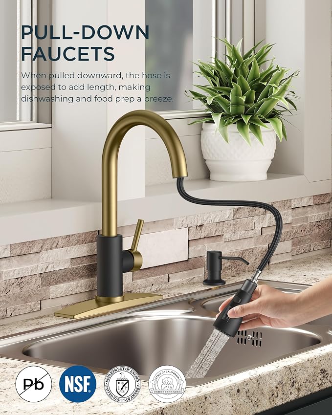 FORIOUS Kitchen Faucets with Soap Dispenser and Pull Down Sprayer, Bar High Arc Single Handle Classic 3 Modes Stainless Steel Faucet for Kitchen Sink Farmhouse RV Laundry Camper, Black Gold