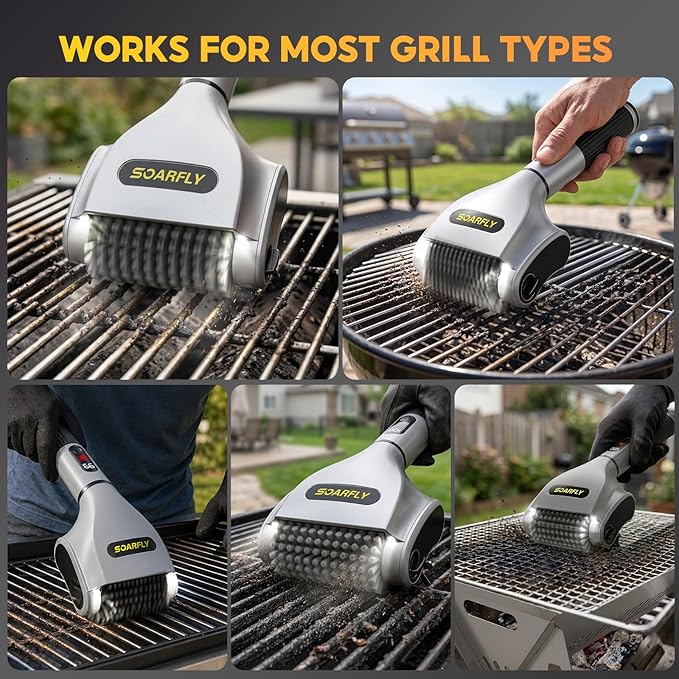 SOARFLY Electric BBQ Grill Brush, 800RPM Grill Cleaner for Outdoor Grill with 2-Speed & 20kg Torque–Last 3.5H, Dual LED Light for Night, No Bristle Drop Safe for Cast Iron Stainless, Gifts for Men Dad