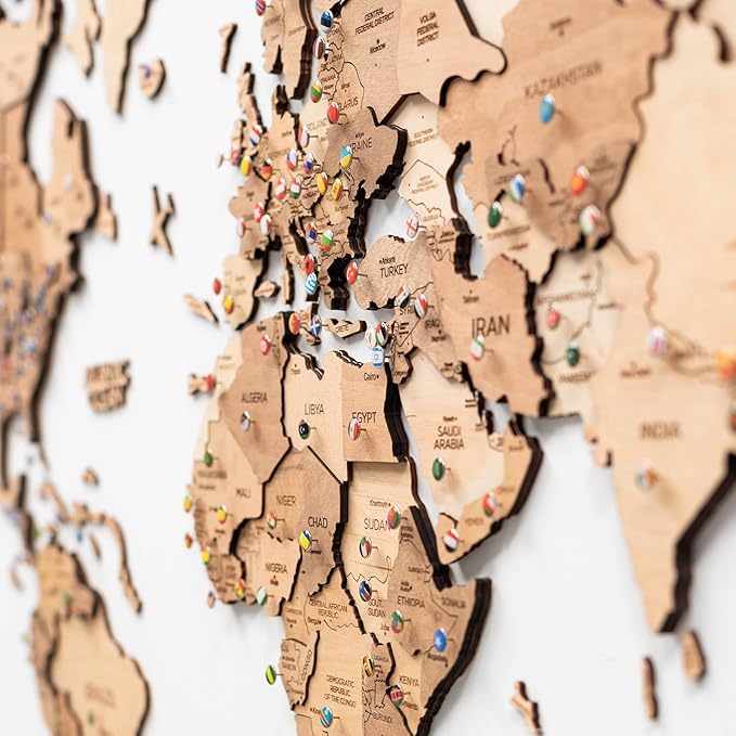 ENJOY THE WOOD 3D Wood World Map Wall Art Large Wall Décor - World Travel Map - Any Occasion Gift Idea - Wall Art for Home & Kitchen or Office (Light, X-Large)