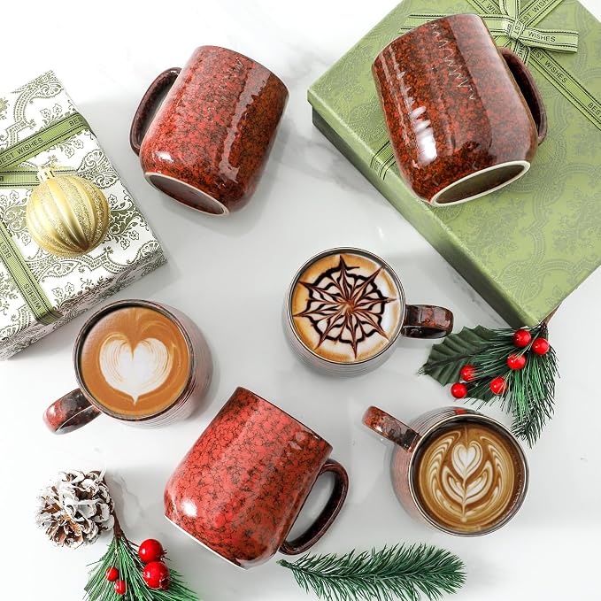 HASENSE Coffee Mugs Set of 6, 15 Ounce Ceramic Coffee Cups Set with Handle, Large Tea Mug for Kitchen, Red Cup for Tea,Cocoa, Milk, Christmas Gift for Women and Men, Dishwasher and Microwave Safe
