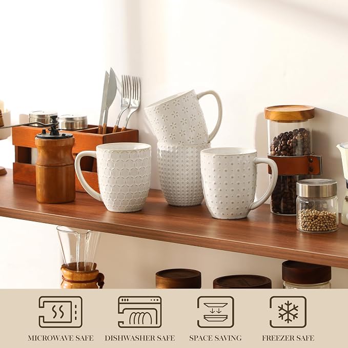 MALACASA LYDIA 16 Oz Coffee Mugs Set of 4, Ceramic Embossed Cups | For Coffee, Latte, Cappuccino, Tea, Dishwasher, Microwave Safe, Lead-Free Ceramic, Comfortable Handle, Gift Set