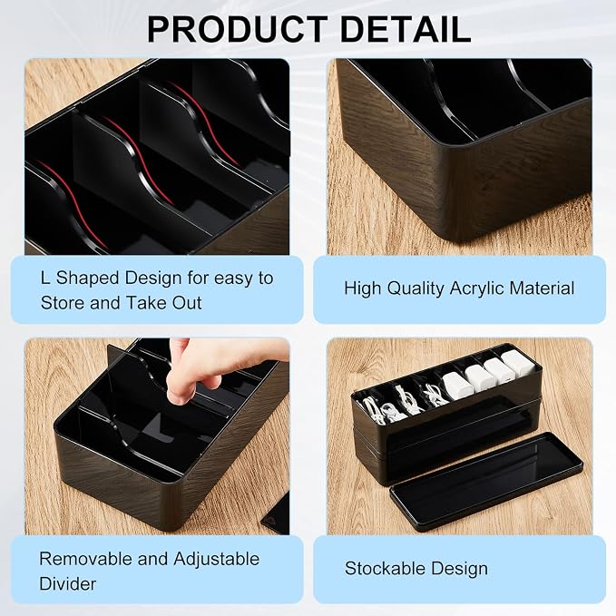 Tatuo 2 Pcs Cable Organizer Box with Wire Ties, Plastic Cord Storage Box with Lid, Electronics Organizer for Home Office Desk Organizers and Accessories (Black)