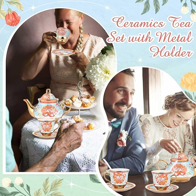Zhehao 20 Pcs Porcelain Tea Set with Metal Holder and Spoon Adult Ceramic Tea Set European Flower Painting Teapot Cup Saucer Spoon for Women Mom Gift, Large Version (Retro Style)