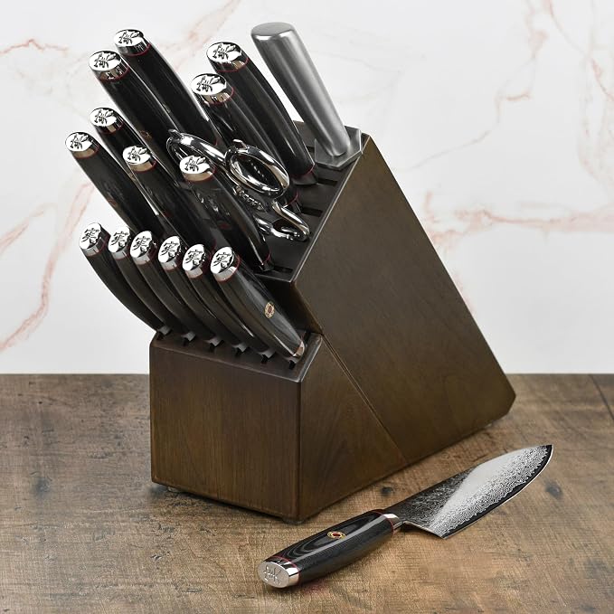 Enso SG2 18 Piece Knife Set - Made in Japan - 101 Layer Stainless Damascus with Dark Ash Knife Block