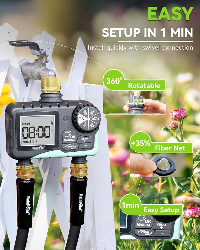 RAINPOINT 2 Zone Sprinkler Timer with Brass Inlet and Outlet - Water Timer for Garden Hose with Rain Delay/Manual Watering/Automatic Irrigation Controller System for Yard Lawn Garden(Blue)