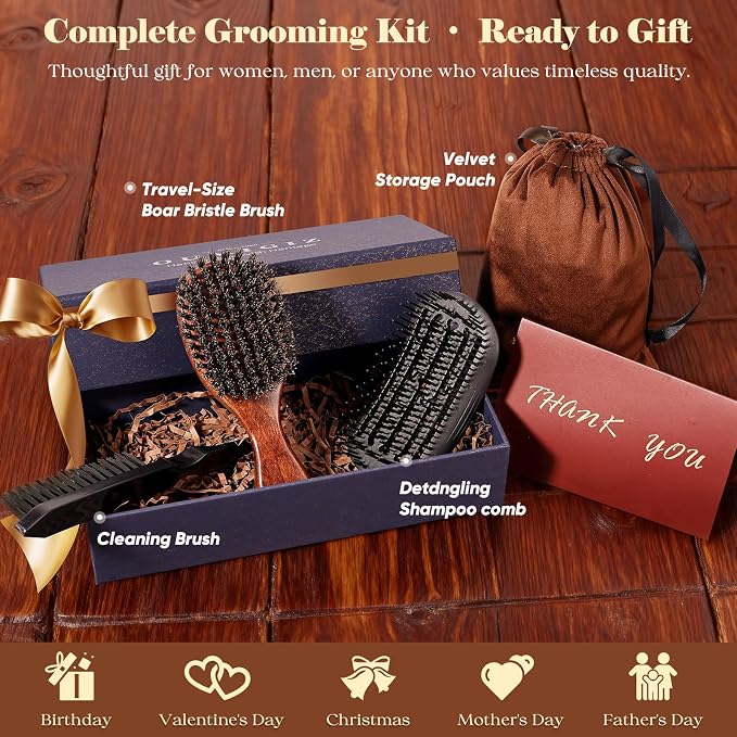 Small Boar Bristle Hair Brush Since 1965 British Craftsmanship, Handmade Natural Wooden Mini Hairbrush/Beard Brush, Pure Soft Bristles Gentle Detangling Women Men Kids Thin Fine Hair, Smooth & Shine