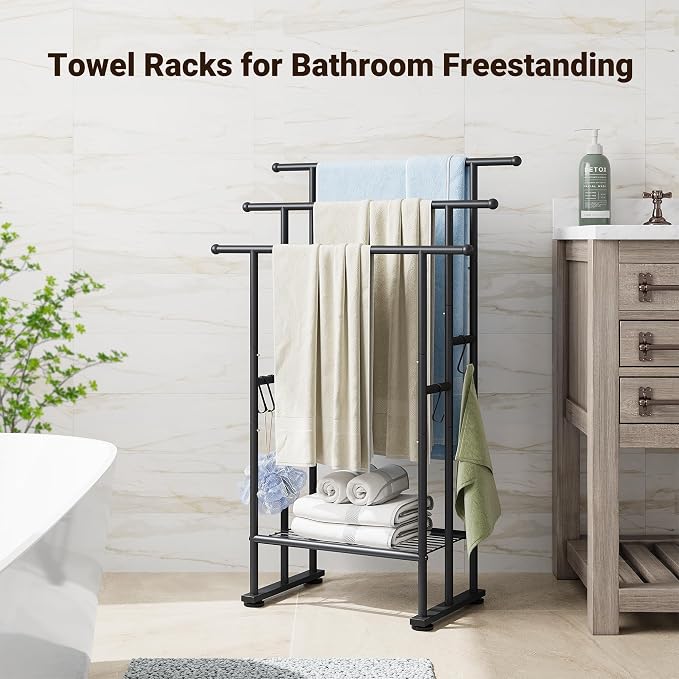 ELYKEN 3 Tier Freestanding Towel Rack with Shelf, 40" H Towel Stand, Black | Metal Drying Rack for Oversized Bath Towels & Blankets, 4 Hooks, Indoor & Outdoor Use, Fits Bathroom, Tub, Shower, Poolside