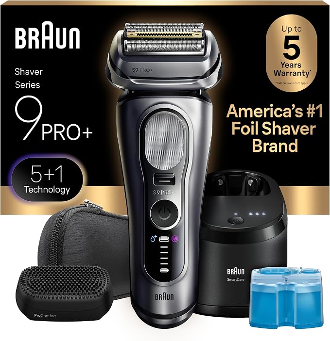 Braun Series 9 PRO+ Electric Shaver for Men, Wet & Dry Foil Razor, 6-in-1 SmartCare Clean & Charge Center, Built-in Precision ProTrimmer, ProComfort Attachment, Travel Case, Silver 9697cc