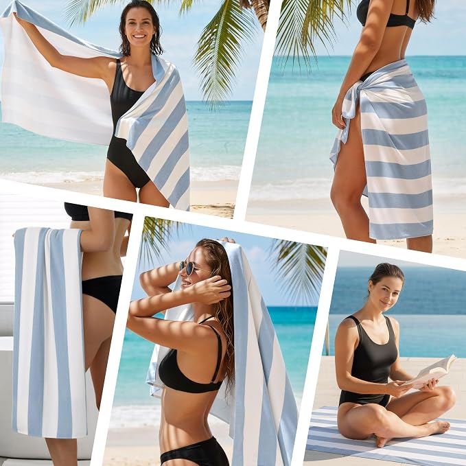 Touchat 4 Pack Beach Towels Stripe Microfiber Beach Towel Sand Free Quick Dry Swim Pool Towels for Adult, 30'' x 60'' Lightweight Travel Bath Towel, Camping | Ultra-Portable, Multi-Functional, Blue