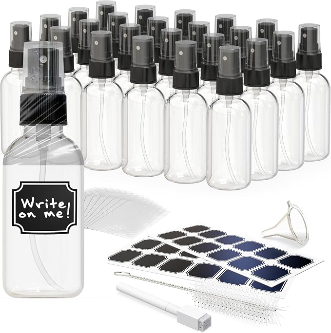 Nevlers Clear Glass Small Spray Bottle 2 Oz 24 PK | Small Travel Spray Bottle Set w/Shrink Wrap, Funnel, Brush, Marker & Labels | Hair, Face & Body Spritzer Bottles | Small Atomizer Fine Mist Sprayer