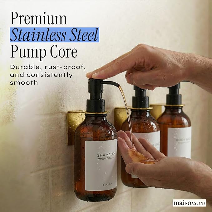 Shampoo and Conditioner Dispenser Wall Mounted Set of 3 Amber Gold - No Drill Shower Soap Dispenser for Bathroom Refillable - Spa Hotel Style Accessories by MaisoNovo