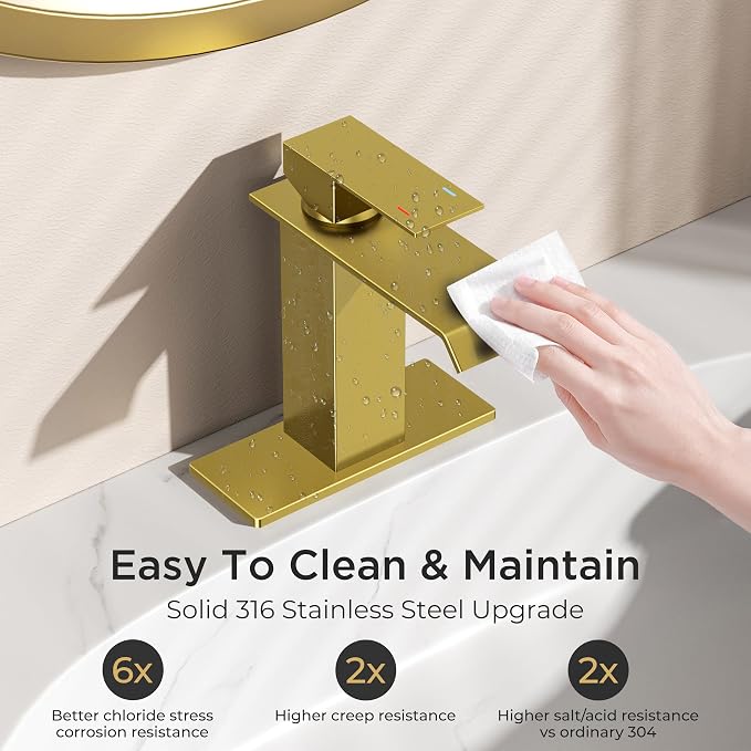 FORIOUS Gold Bathroom Faucet, Modern Waterfall Bathroom Sink Faucets 1 or 3 Hole Single Handle with Deck Plate and Drain, Suitable for Vanity Rv Camper Commerical