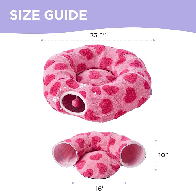 Lesure Cat Tunnel Bed for Indoor Cats - Cute Cat Donut Tunnel Toys with Washable Circle Cushion, Valentine's Day Gifts for Cats, Round Pet Peekaboo Cave Toy for Kitten, Standard Lover Hearts