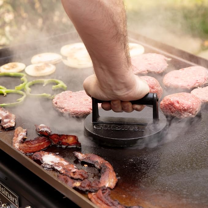 Cuisinart Smash Burger Press, Cast Iron, 6.5" Round Burger Smasher | CISB-111, hamburger press with round flat edge for crispy carmelization, the go-to grill press for indoor and outdoor cooking