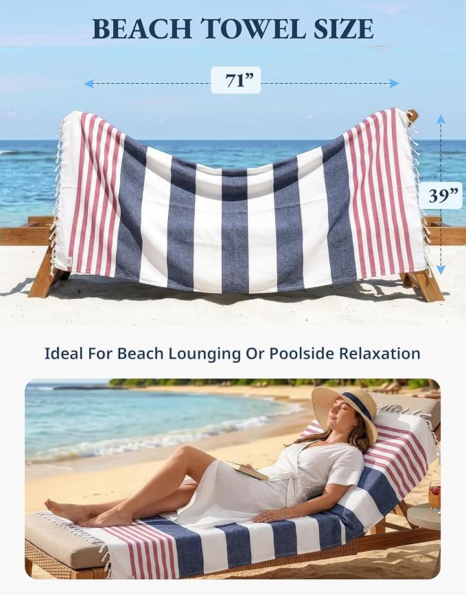 LANE LINEN Beach Towels for Women, Super Absorbent, XL - Old Glory Teal | 2 Pack Large Beach Towels Oversized - Pre-Washed, Sand Free Towel - Quick Dry, 39"x71", Vacation Essential, Machine Washable