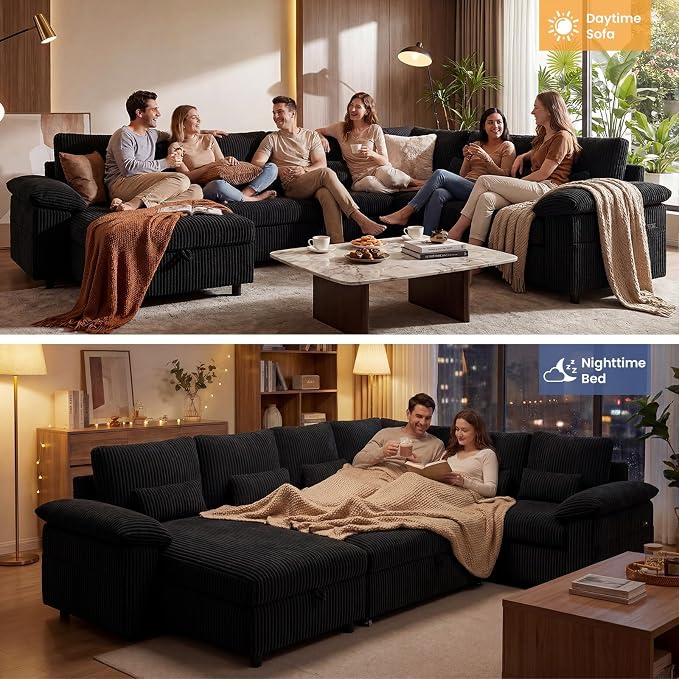 110 Inch Modular Sectional Sleeper Sofa with Pull Out Bed, U Shaped 7 Seat Cloud Modular Sectional Sofa with Storage, Corduroy Sectional Couches for Living Room, Removable Sofa Cover, Black