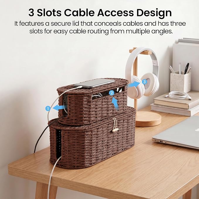Set of 2 Cable Management Box, Handwoven Paper Rope Cord Hider Organizer Boxes with 3 Side Open Slots, Cable Organizer Box to Hide Cords Power Strip, USB Hub, TV Wires for Home, Office,Brown