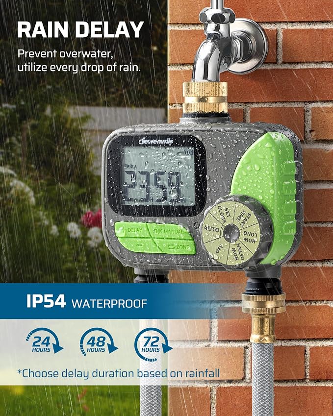 DEWENWILS 2-Zone Outdoor Hose Timer - Automatic Sprinkler Timer with Brass Inlet, Rain Delay & Manual Control for Lawn, Garden, and Yard Irrigation