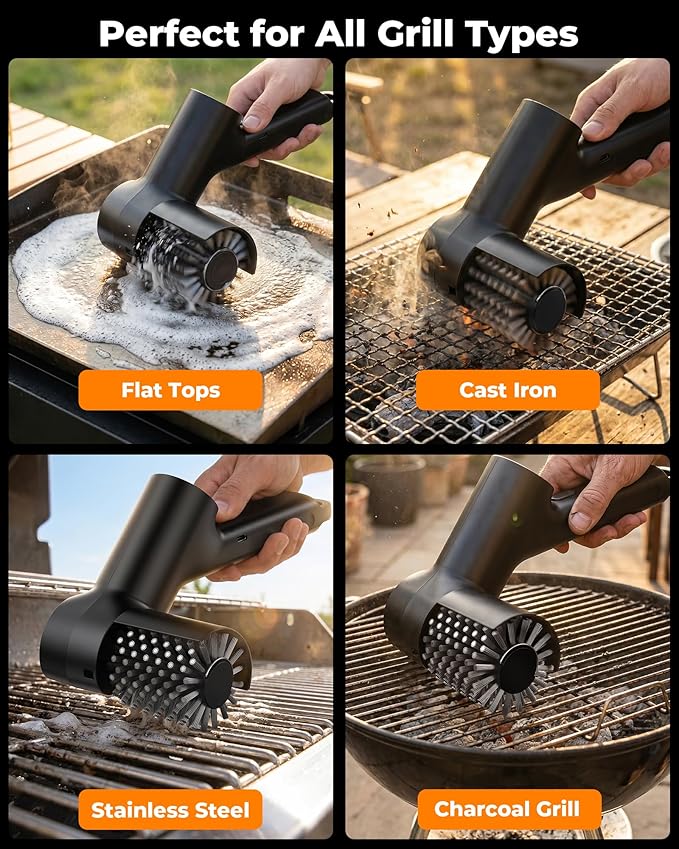 Electric Grill Brush, 3-Speed Cordless Rechargeable High Torque Grill Cleaner with LED Light, Waterproof Anti-Shedding SS Bristle BBQ Grill Brush for Outdoor Grill Safe for Porcelain Cast