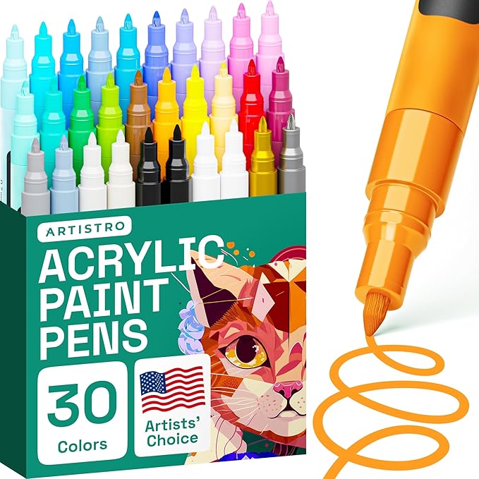 ARTISTRO Acrylic Paint Pens With Storage Bag for Calligraphy - Markers With Brush and Fine Precision Tips - Multisurface Painting for Fabric, Rock, Glass, and More (30 Markers, Extra Fine Tip)