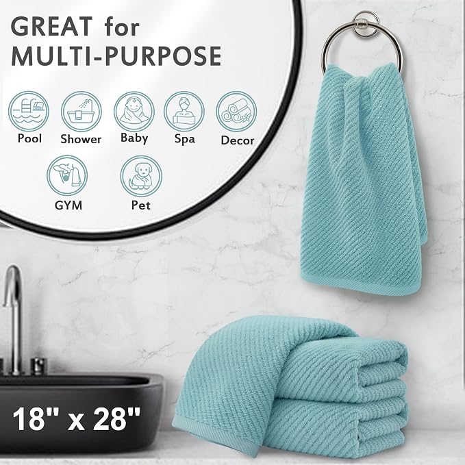 VOOVA & MOVAS Hand Towels 4PC, 100% Cotton, 18x28 in, Aqua Teal | Quick Dry, Soft, Absorbent, Thick Fluffy Towel Set For Showering, Towel Gift Set, Suitable For Bathroom, Travel, Gym