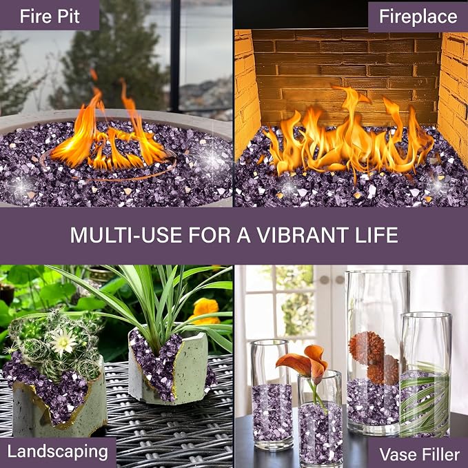 NUPICK 5 Pound Fire Glass, 1/2 Inch Reflective Fire Pit Glass | Tempered Fire Pit Rocks for Propane or Natural Gas, Glass Rocks for Fire Pit Table, Fireplace, Fire Bowl, Landscaping, Violet
