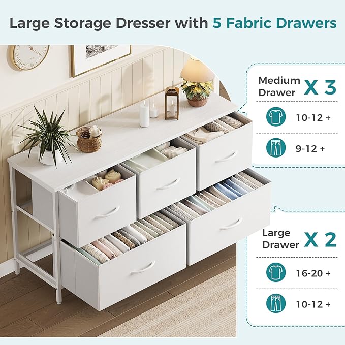 OLIXIS White Dresser for Bedroom, Wide Chest of Drawers for Clothes Storage | Fabric Bedroom Dresser with 5 Drawers, Storage Organizer Unit with Fabric Bins, Wooden Top, Living Room