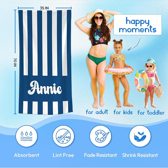 JML Personalized Beach Towel with Name, Custom Cabana Stripe Beach Towel, Customized Microfiber Pool Towel, Quick Dry & Absorbent Swim Towel for Adult,Mother's Day, Birthday, Summer Holiday,Vacation