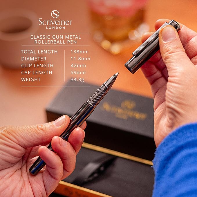 Scriveiner Gun-Metal Rollerball Pen - Stunning Luxury Pen, Schmidt Ink Refill, Best Roller Ball Gift Set for Men & Women, Professional, Executive Office, Nice Pens