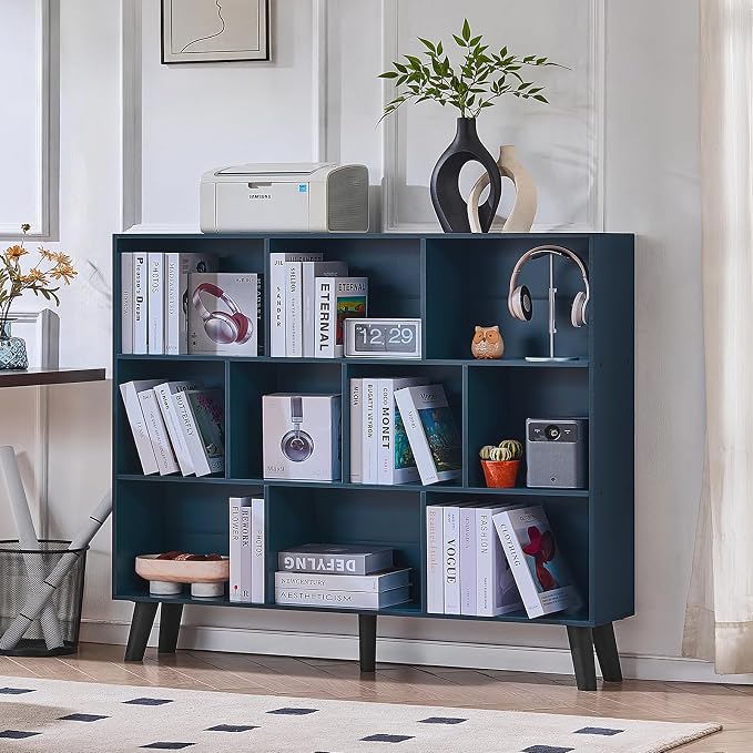 LEYAOYAO 10 Cube Bookshelf,Mid-Century Modern Bookcase with Legs,Dark Blue | 3 Tier Book Shelf, 55" Wide Rustic Wood Bookshelves Large Storage Organizer, Open Shelves for Bedroom, Living Room, Office