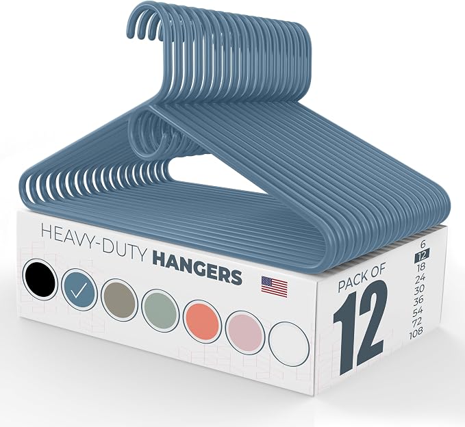 Heavy Duty Clothes Hangers 12 Pack – Made in The USA – 8lb Capacity Plastic Hangers for Adult Clothing – Durable for Pants, Coats, Jackets, or Jeans – Blue