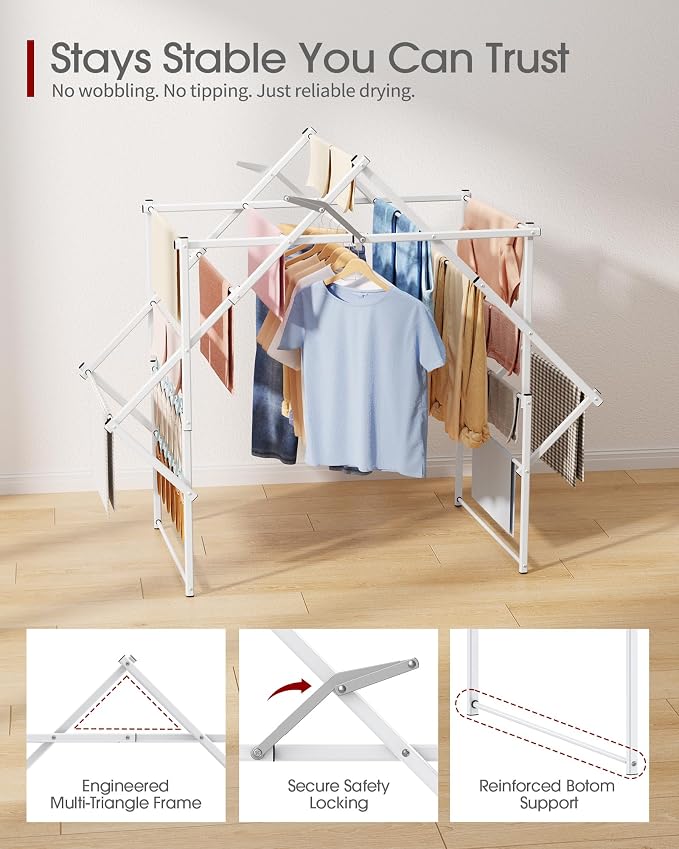 Sakugi Foldable Clothes Drying Rack, Stable Arch Structure with Safety Lock | Stable Arch Structure, Laundry Room, Indoor & Outdoor, Clothing & Towels, Foldable Design, 23.4"D x 48.0"W x 40.0"H, White