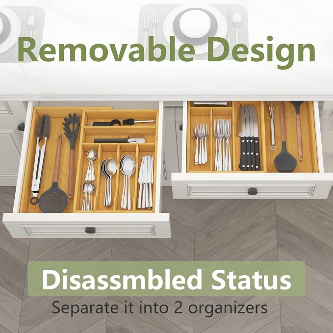 Suli Large Silverware Drawer Organizer, Adjustable Kitchen Flatware for Forks Knives and Spoons, Bamboo Cutlery Utensil Holder, Expandable from 22in-37in, Natural Bamboo