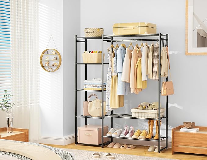 Neprock Wardrobe Closet, Portable Clothing Rack for Hanging Clothes, Free Standing Closet Organizers and Storage System with 4 Tiers Shelves for Cloakroom Bedroom,Black