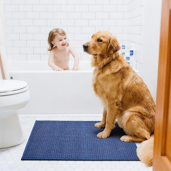Triohero Bathroom Rugs Non Slip Washable, Super Absorbent Thin Bath Mat Quick Dry Low Pile Bathroom Rug, Navy Blue 24"x47"
