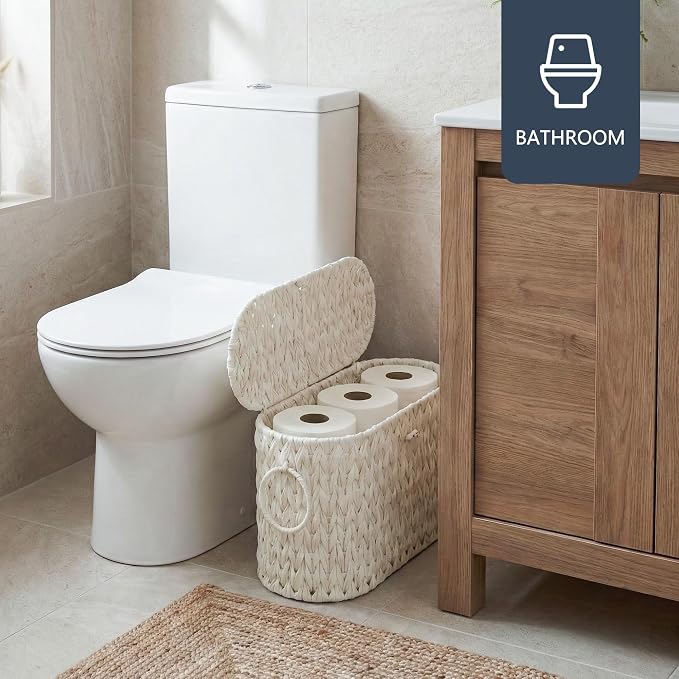 Coeusy Toilet Paper Basket,Wicker Toilet Paper Storage with Lid,Decorative Boho Wicker Basket for Bathroom,Free Standing-Cream White